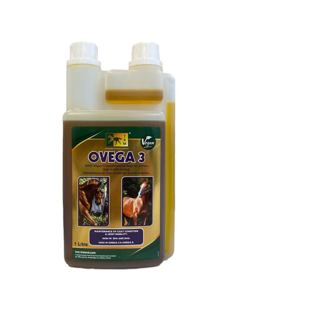 A 1-litre transparent plastic bottle of trm ovega 3 vegan complementary feed oil for horse supplements and joint health