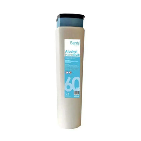 Santil hand rub 60 alcohol gel in a 250ml translucent beige bottle with black flip-top cap and blue label alcohol based sanitiser