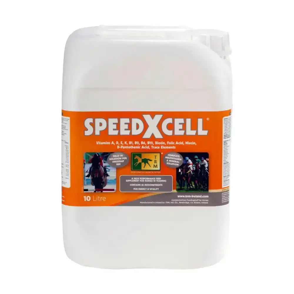 White plastic 10-litre container of trm speedxcell balanced multivitamin for performance horses feed supplement