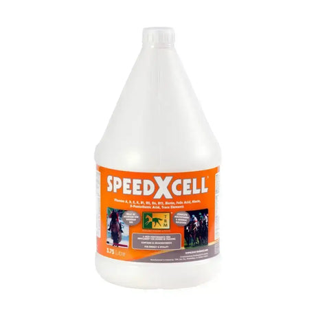 A white plastic jug with an orange trm speedxcell label designed as a balanced multivitamin for performance horses