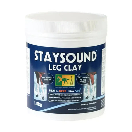 White plastic container of trm staysound leg clay with blue label containing 1.5kg thyme oil clay for tired legs care