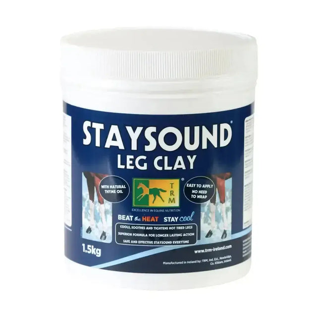 White plastic container of trm staysound leg clay with blue label containing 1.5kg thyme oil clay for tired legs care