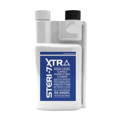 White plastic bottle with gray and black cap labeled steri 7 xtr defra approved high level surface disinfectant cleaner trm steri