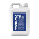 White plastic jug with blue label of trm steri 7xtr defra approved high level surface disinfectant for equine use