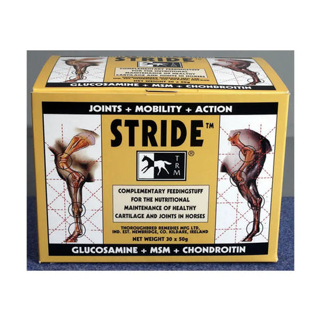 Yellow cardboard box of trm stride horse supplements featuring black and white anatomical illustrations for joint health