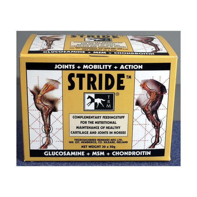 Yellow cardboard box of trm stride horse supplements featuring black and white anatomical illustrations for joint health