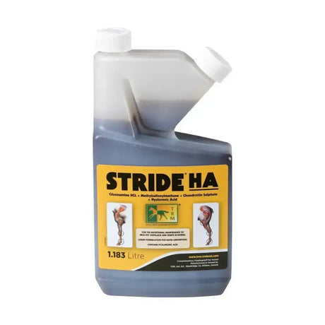 A 1.183 litre translucent bottle of trm stride ha solution with blue liquid and a yellow label for joint health