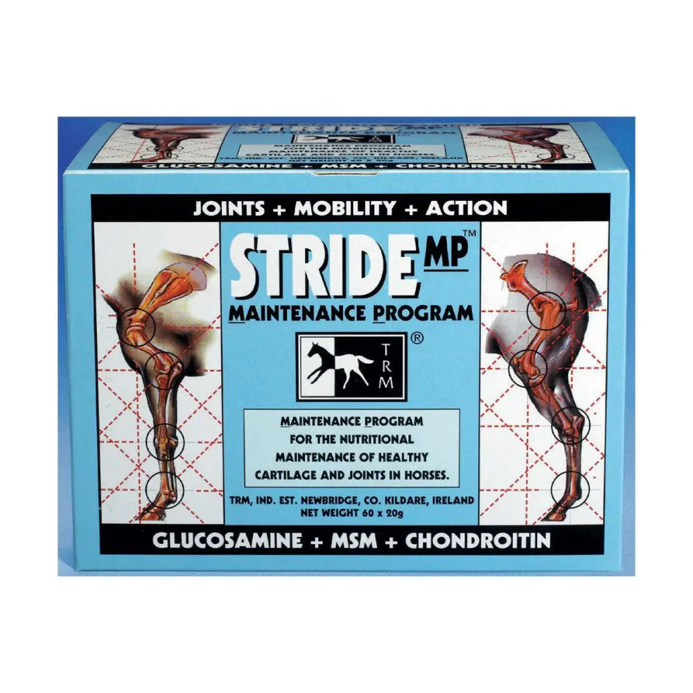 Light blue rectangular box of trm stride mp original stride nutritional maintenance programme horse joint supplement