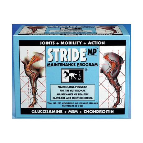 Light blue rectangular box of trm stride mp original stride nutritional maintenance programme horse joint supplement