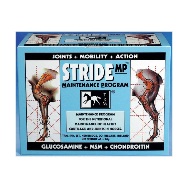 Light blue rectangular box of trm stride mp original stride nutritional maintenance programme horse joint supplement