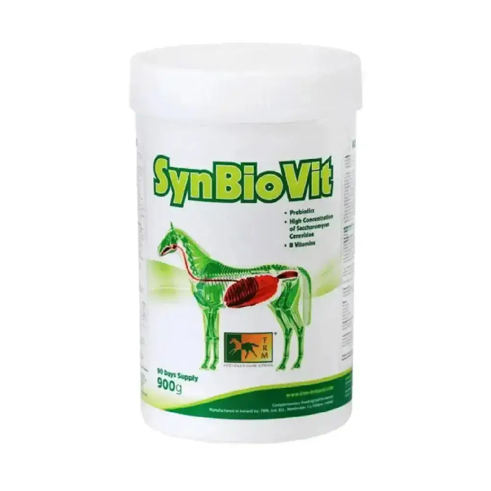 White cylindrical container labeled trm synbiovit gut balancer with saccharomyces cerevisiae for equine probiotic supplement