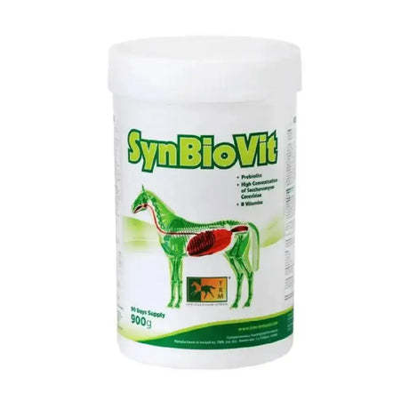 White cylindrical container labeled trm synbiovit gut balancer with saccharomyces cerevisiae for equine probiotic supplement
