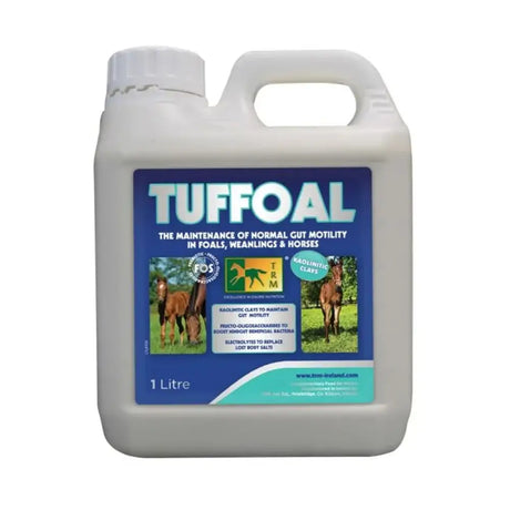White plastic jug of trm tuffoal 1 litre liquid supplement with kaolinitic clays for gut motility and gut balancers