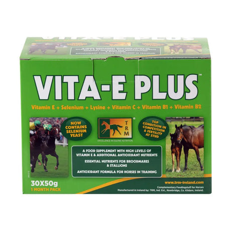 Green cardboard box of trm vita-e-plus horse supplement that uniquely combines antioxidants vitamin e and selenium yeast