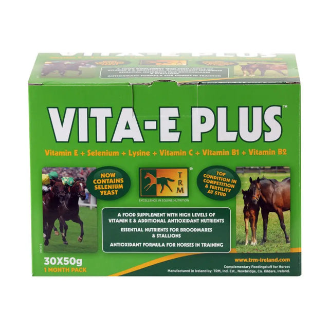 Green cardboard box of trm vita-e-plus horse supplement that uniquely combines antioxidants vitamin e and selenium yeast