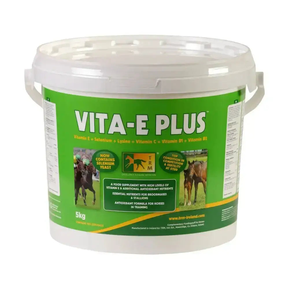 Green and white plastic bucket vita-e plus horse supplement combines antioxidants vitamin and essential amino acid lysine