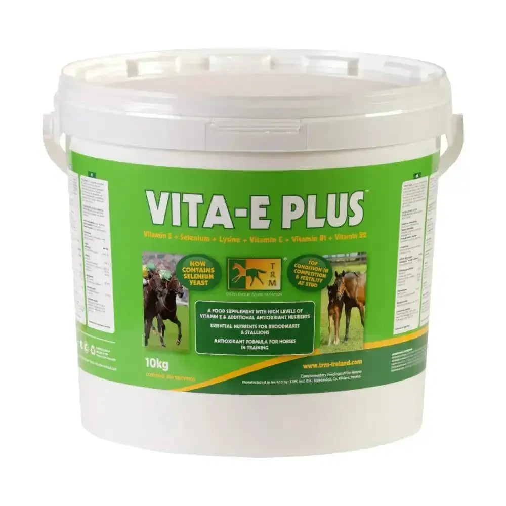 A white plastic bucket of trm vita-e-plus horse feed supplement combines antioxidants vitamin and essential amino acid lysine