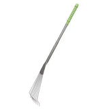 Green and gray tubtrug big tidee metal rake with a comfort grip handle for easy garden use
