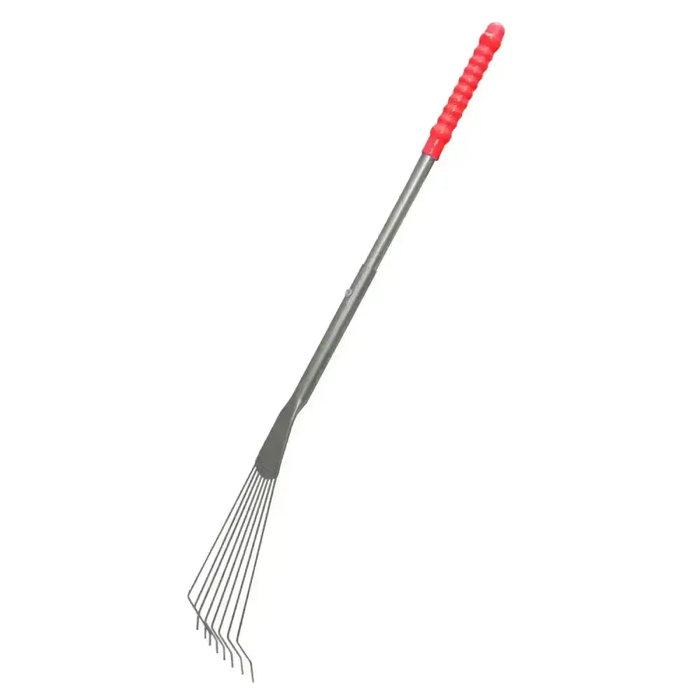 Red and gray tubtrug big tidee metal rake with comfort grip handle and textured grip for easy garden use