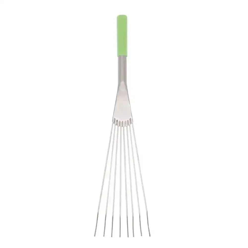 A tubtrug big tidee short metal rake with a lime green comfort grip handle and polished stainless steel head