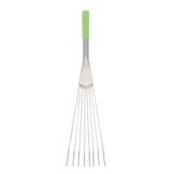 A tubtrug big tidee short metal rake with a lime green comfort grip handle and polished stainless steel head