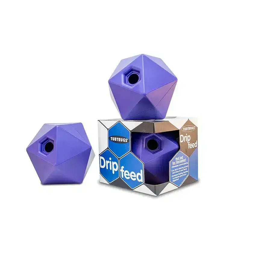 Purple tubtrug drip feeder plastic slow feeder with central hole for long lasting treat and box rest use