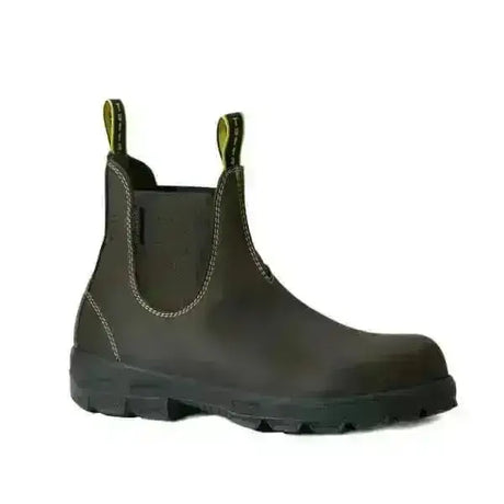 Dark olive green leather tuffa boots wayland chelsea boot with composite toe cap and yellow pull tabs for yard safety