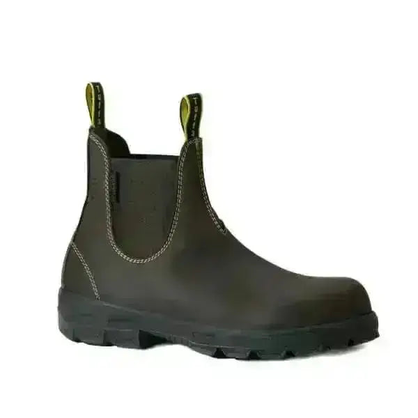 Dark olive green leather tuffa boots wayland chelsea boot with composite toe cap and yellow pull tabs for yard safety