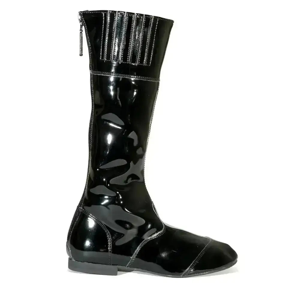 Black patent leather tuffa malton jockey boots with glossy finish and vertical pleats at the top