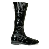 Black patent leather tuffa malton jockey boots with glossy finish and vertical pleats at the top