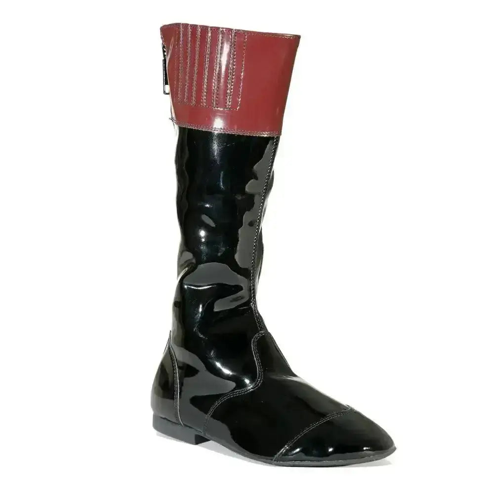 Black patent leather tuffa malton jockey boots with red glossy cuff and zipper detail for stylish riding