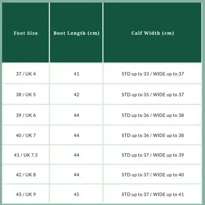 A green table showing boot size measurements for foot length and calf width of tuffa showtime black leather long riding boots