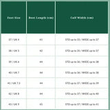 A green table showing boot size measurements for tuffa showtime black leather competition long riding boots