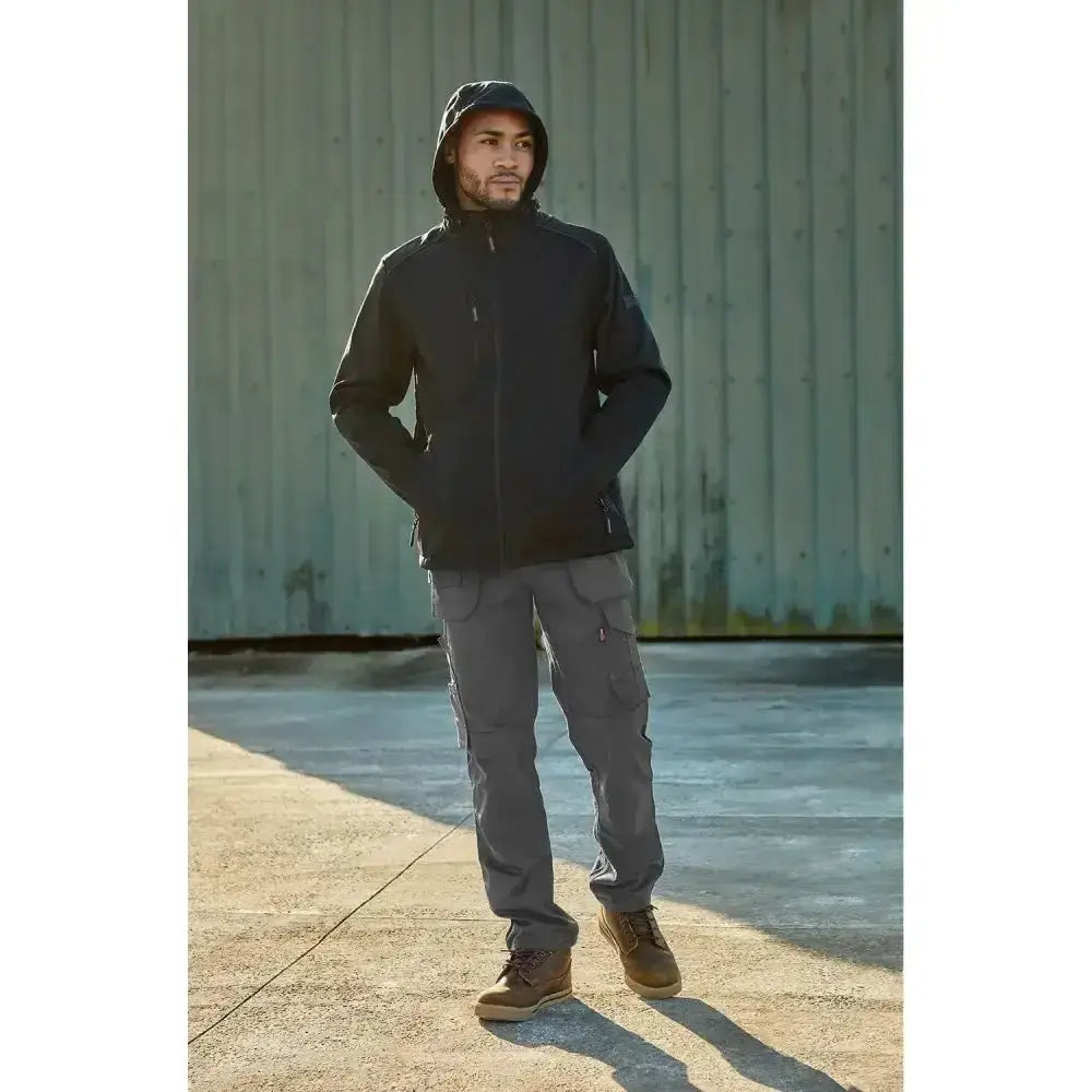 Black hooded jacket with full zip front and multiple pockets paired with tuffstuff proflex work trouser grey xlong