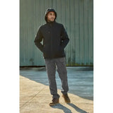 Black hooded jacket with full zip front and multiple pockets paired with tuffstuff proflex work trouser grey xlong