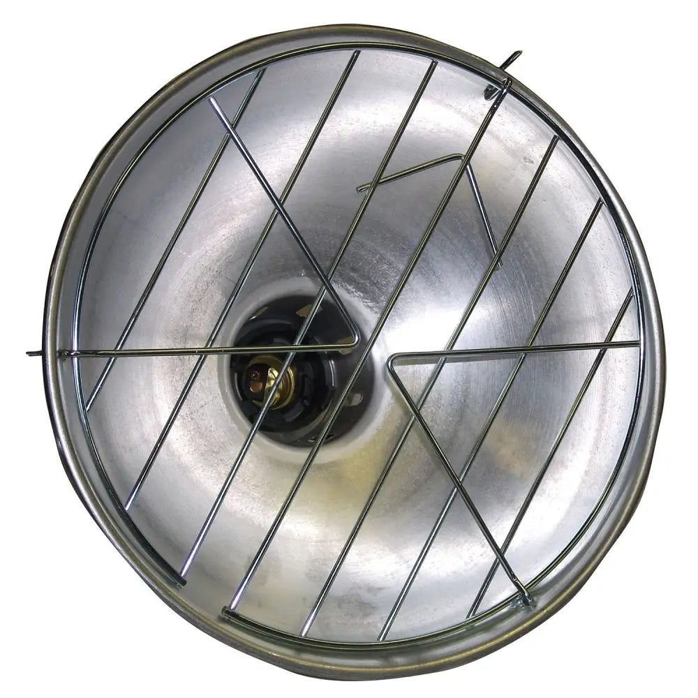 Silver metal turnock heat lamp with dimmer fitting long-life design and circular wire mesh guard for safety