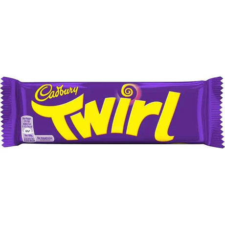 A purple cadbury twirl chocolate bar with bold yellow lettering and glossy wrapper featuring two twirly milk chocolate sticks
