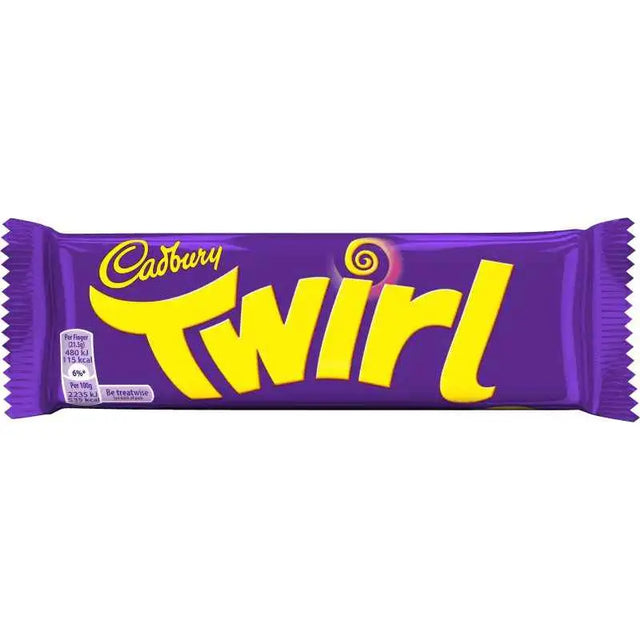 A purple cadbury twirl chocolate bar with bold yellow lettering and glossy wrapper featuring two twirly milk chocolate sticks