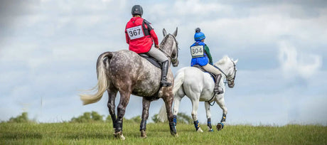 Two riders in competition attire, one on a grey dapple horse and the other on a white horse, both wearing numbered bibs.