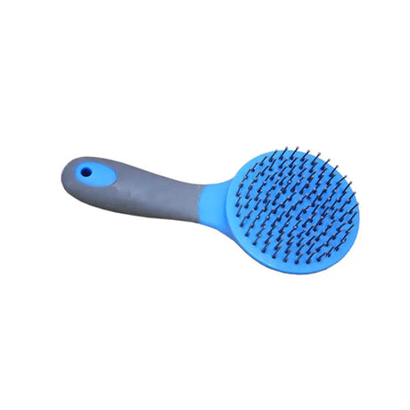Two tone round mane and tail brush with blue and gray plastic rounded head and dense bristles for grooming pets
