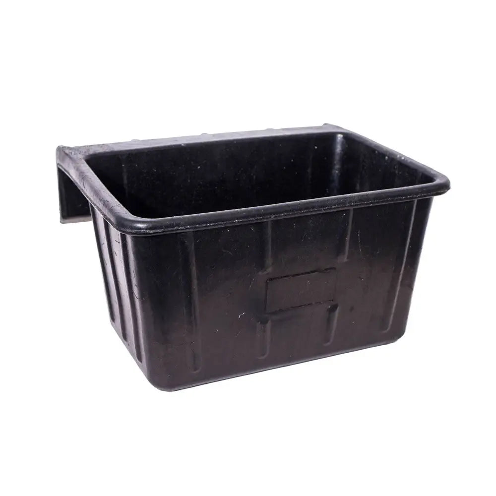 Black plastic rectangular animal feeder with side-mounted bracket made from recycled tyres for tyre rubber hanging use