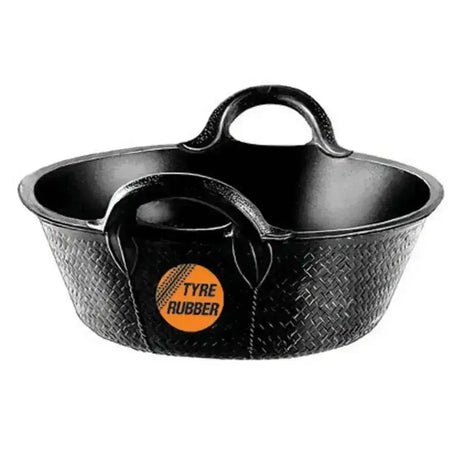 Black woven rubber small skip with two handles and orange tyre rubber logo ideal for feeding horses