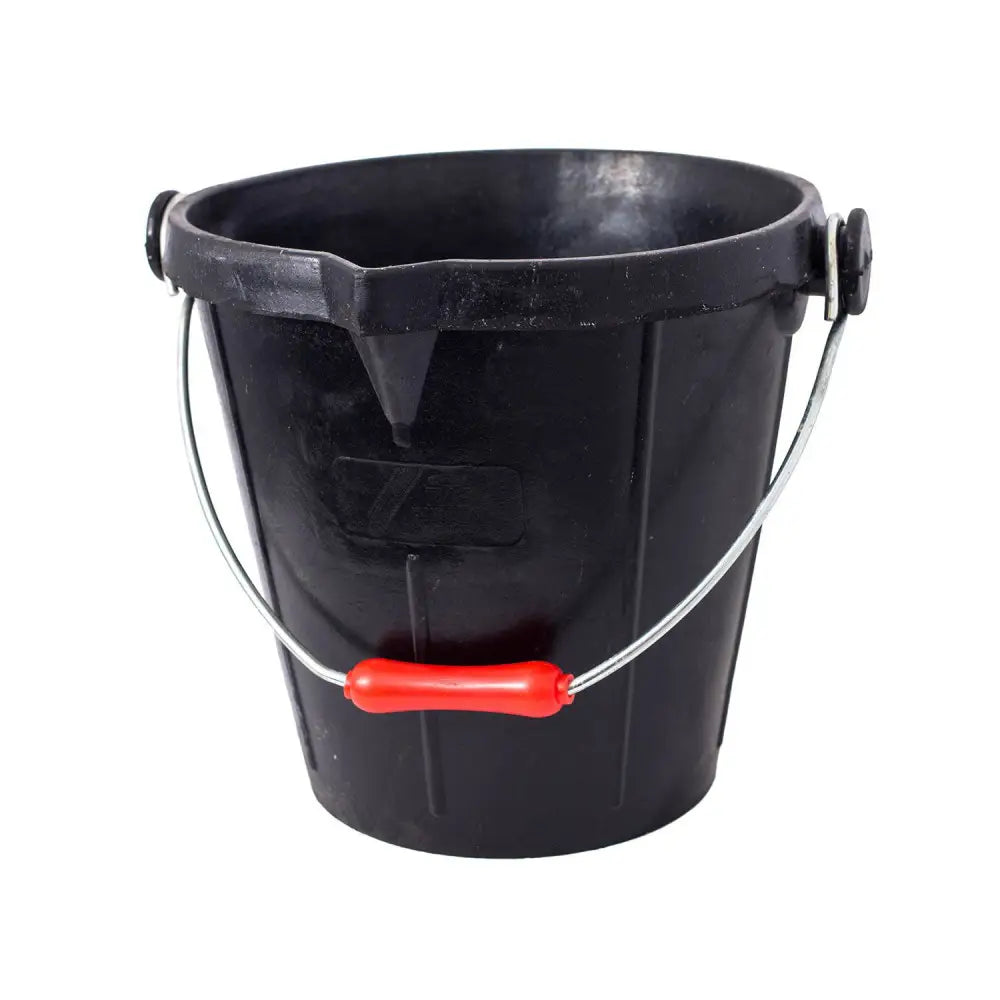Black plastic tyre rubber super 3 bucket with silver wire handle and red grip for heavy duty construction and horse feed