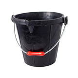 Black plastic tyre rubber super 3 bucket with silver wire handle and red grip for heavy duty construction and horse feed