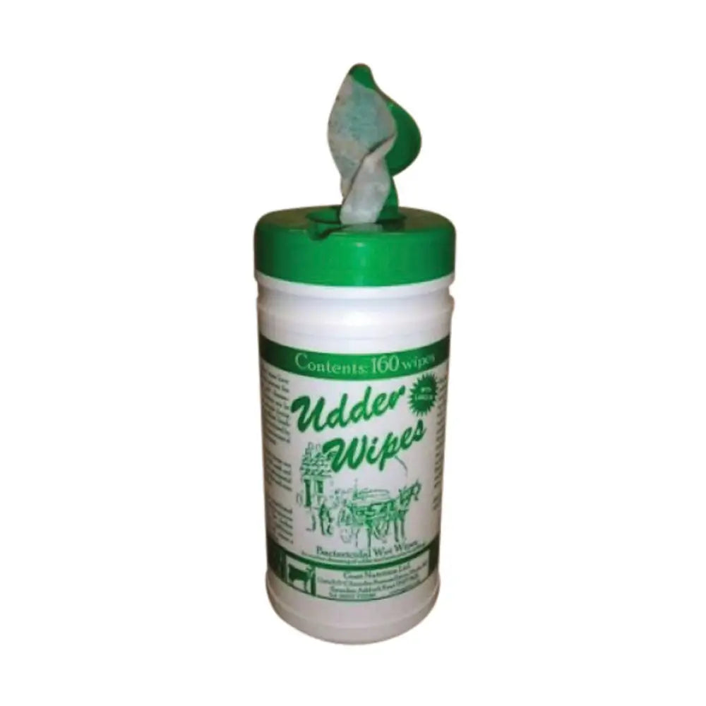 Green and white container of Udder Wipes pet care medicated wipes for animal husbandry and udder cleaning