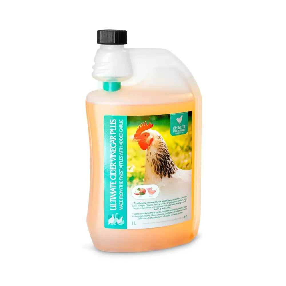 A 1-liter translucent plastic bottle of km elite ultimate cider vinegar plus with a teal label and health giving properties