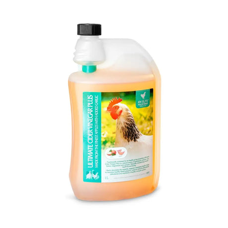 A 1-liter translucent plastic bottle of km elite ultimate cider vinegar plus with a teal label and health giving properties