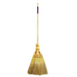 Ultimate corn broom with natural golden bristles, light wooden handle, purple grip, and green binding stripes