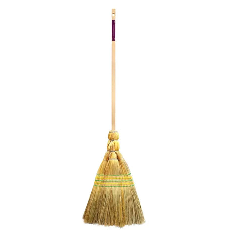 Ultimate corn broom with natural golden bristles, light wooden handle, purple grip, and green binding stripes