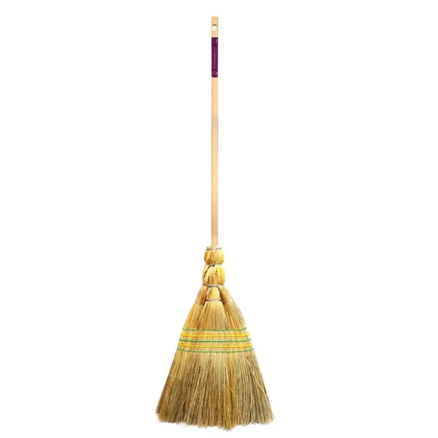 Ultimate corn broom with natural golden bristles, light wooden handle, purple grip, and green binding stripes